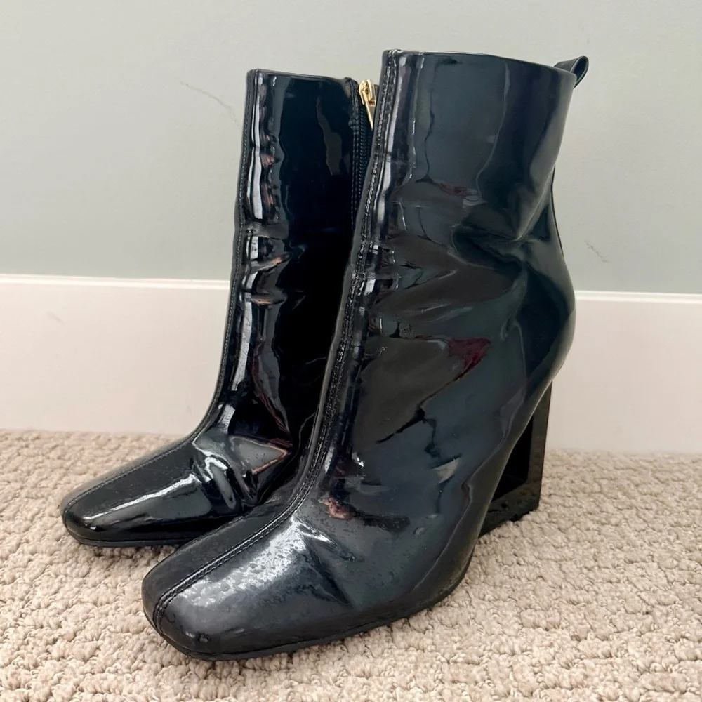 River Island Patent Ankle Boots Black Architectural Block Heel Booties Size 8 - Picture 3 of 7